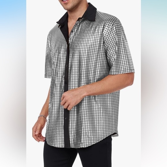 NWT Mens 70s Disco Shirt Short Sleeve Button Down Sequin 70's Costume Shirt - Picture 6 of 6